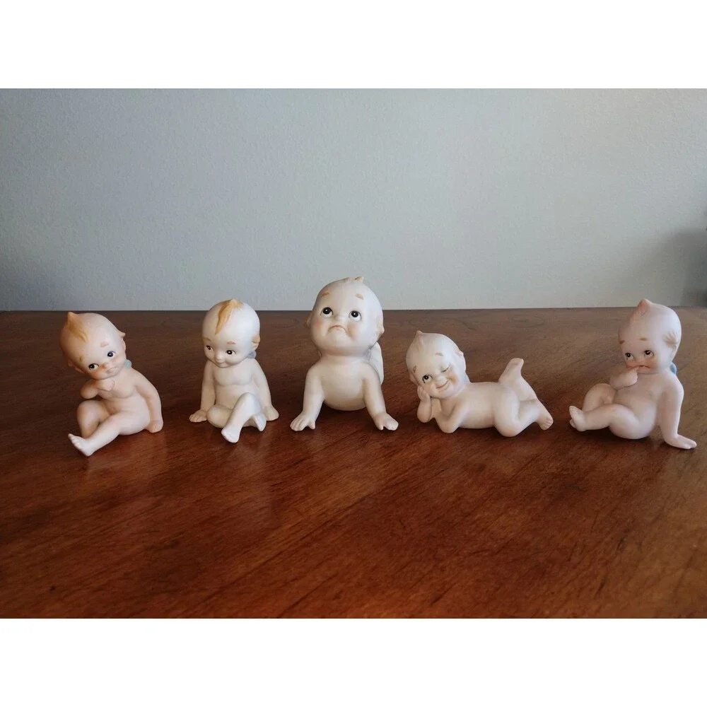 5x Vintage Lefton? Bisque Rose O'Neill Kewpie Doll Blue Wings 4 Mini + 1 Bigger
